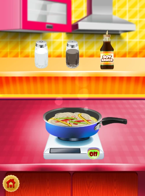 Sauteing noodles and veggies in a colorful kitchen game