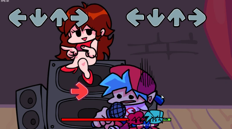 Screenshot of FNF Online music game featuring a drawing of a girl sitting on a stereo and a singer boy